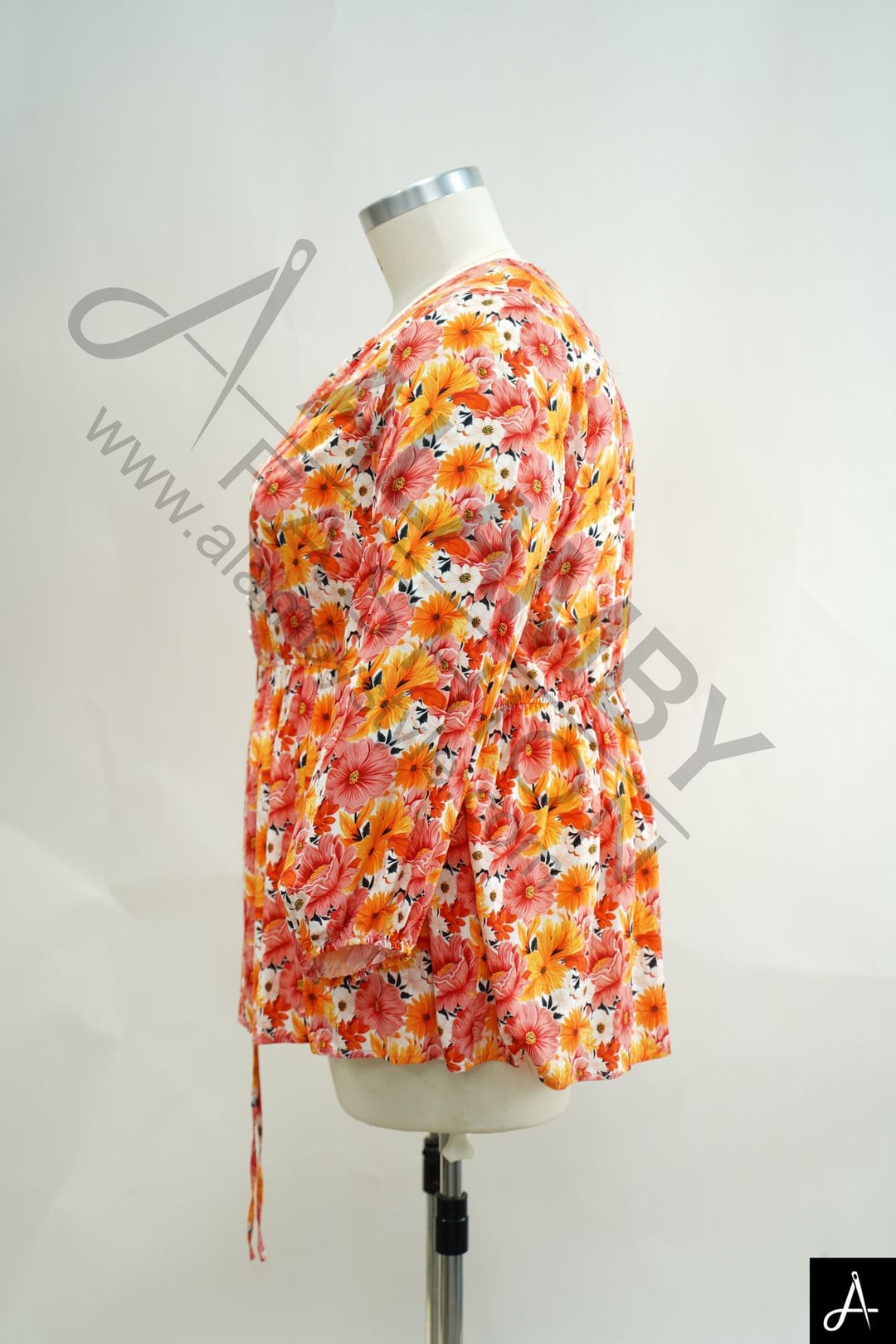 Orange Floral Print V-Neck Long Sleeve Blouse