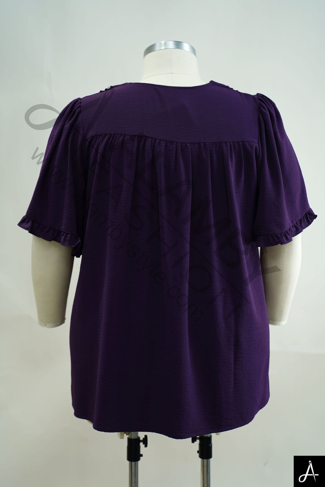 Women's Plus Size Purple V-Neck Short Sleeve Gathered Blouse