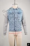 Light Wash Denim Hooded Jacket with Knit Sleeves
