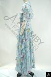 Light Blue Floral Print Peter Pan Collar Long Sleeve Shiny Chiffon Maxi Dress