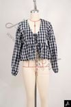 Gingham V‑Neck Long Sleeve Tie‑Waist Cropped Blouse