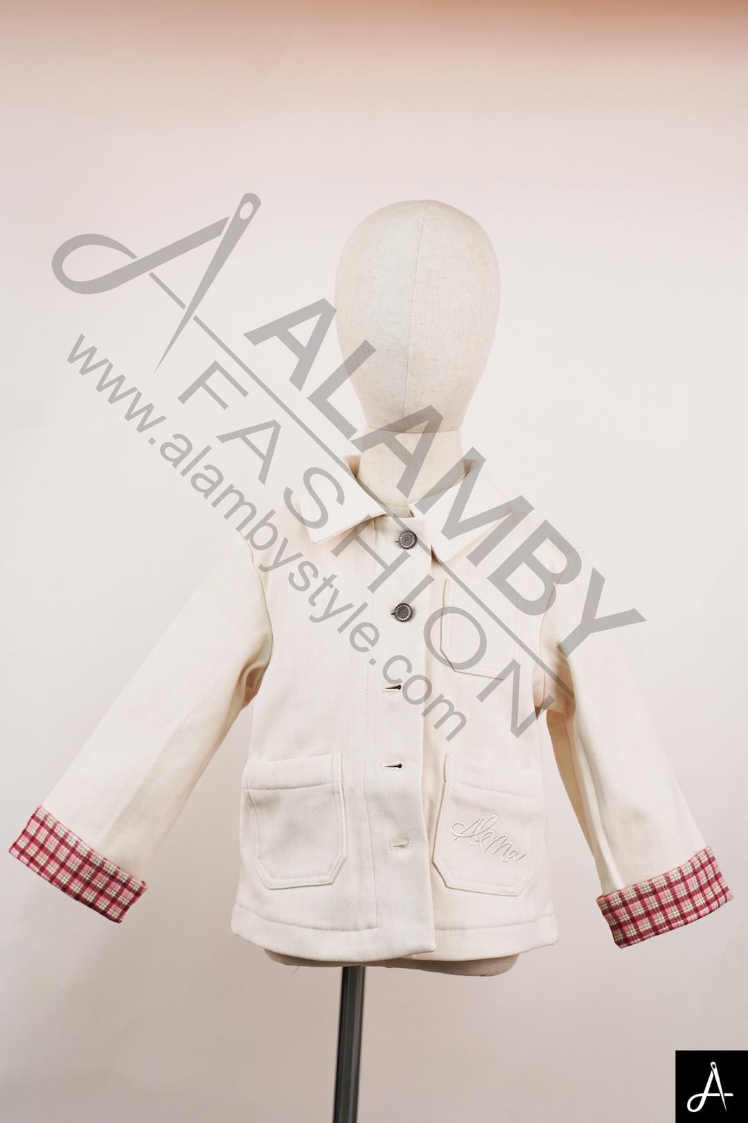 Kids Cream Jacket with Red Plaid Cuff Lining