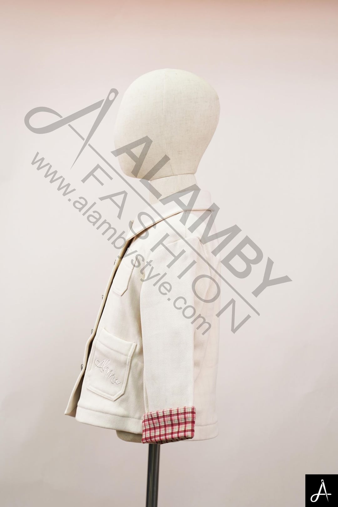 Kids Cream Jacket with Red Plaid Cuff Lining