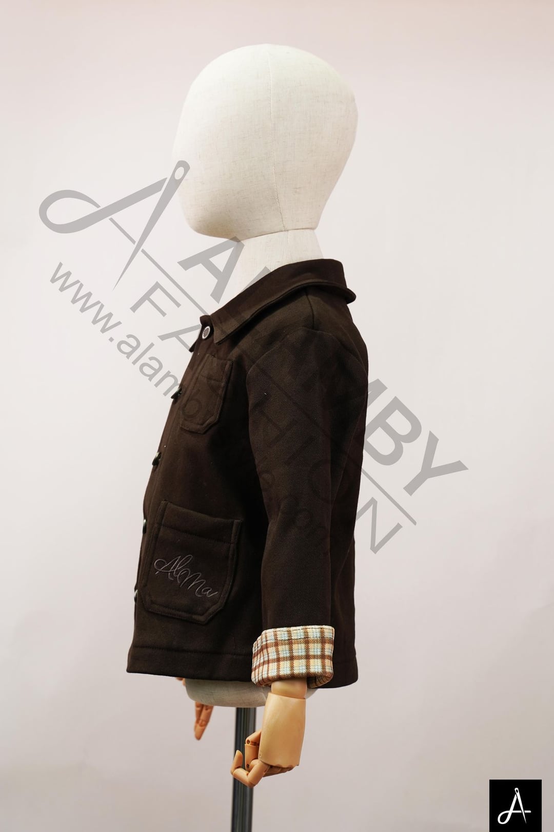 Kids Brown Wool Blend Jacket with Plaid Cuff Lining