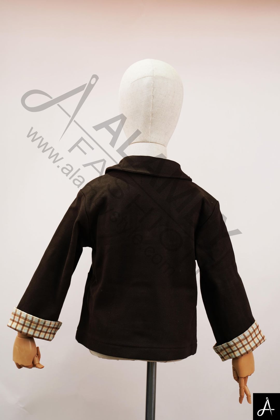 Kids Brown Wool Blend Jacket with Plaid Cuff Lining