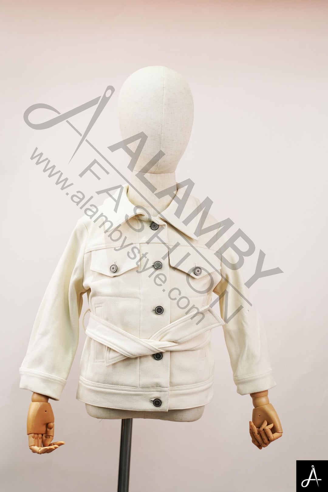 Kids Cream Belted Trucker Jacket