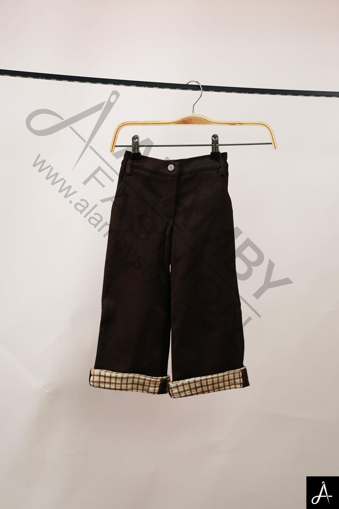 Friendly Kids Brown Wide Leg Pants With Plaid Cuff