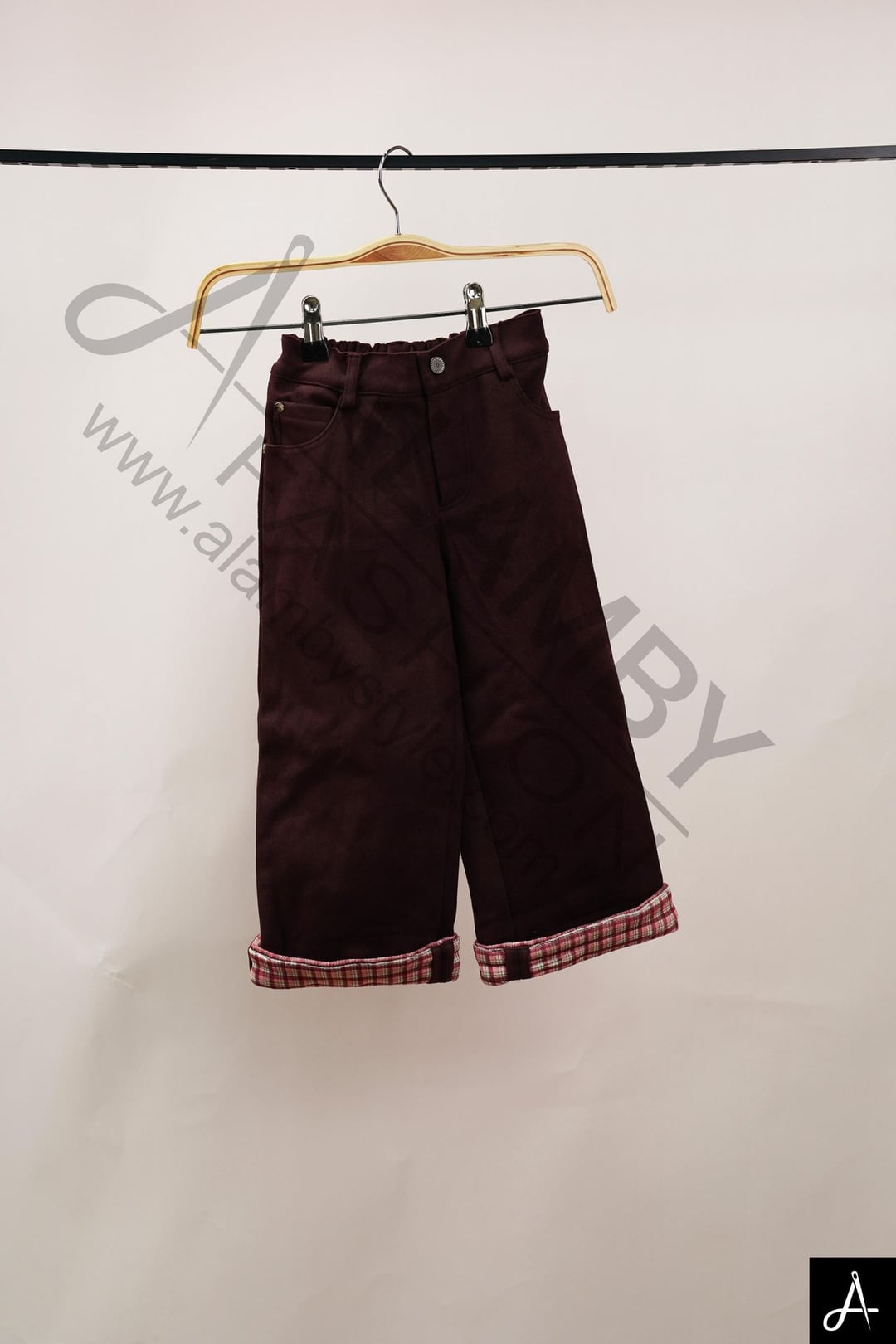 Skin-friendly Kids Burgundy Wide Leg Pants with Red Plaid Cuff