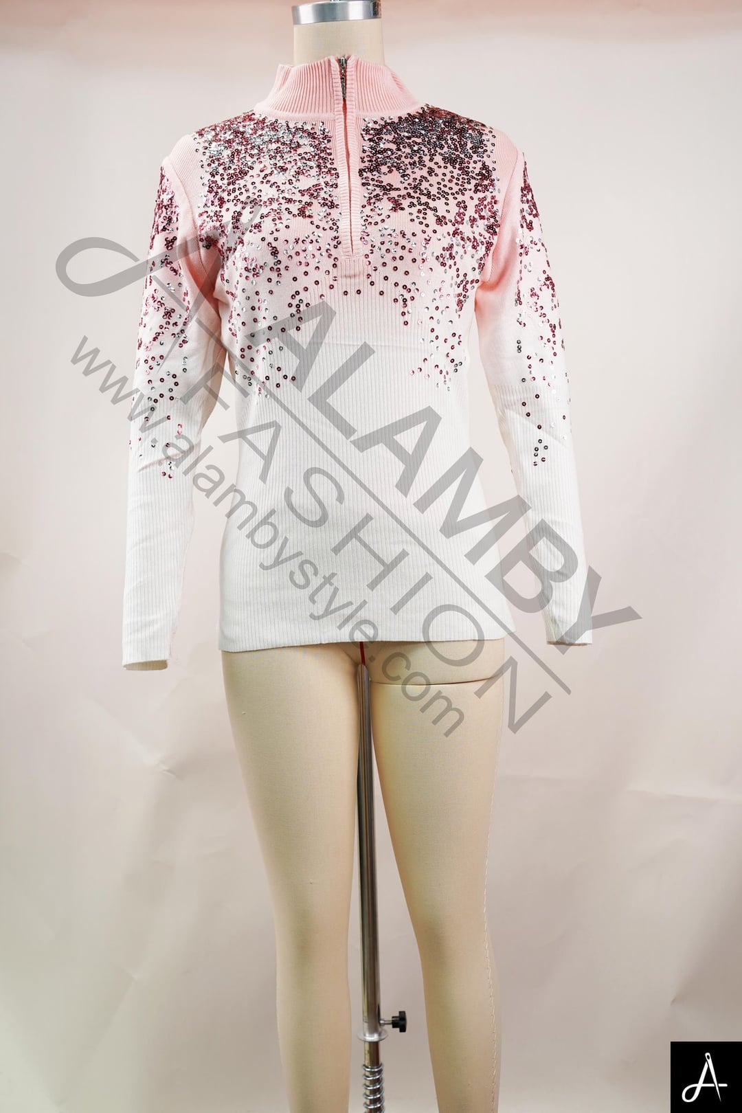 Ombre Pink Rhinestone Half Zip Rib Knit Sweater