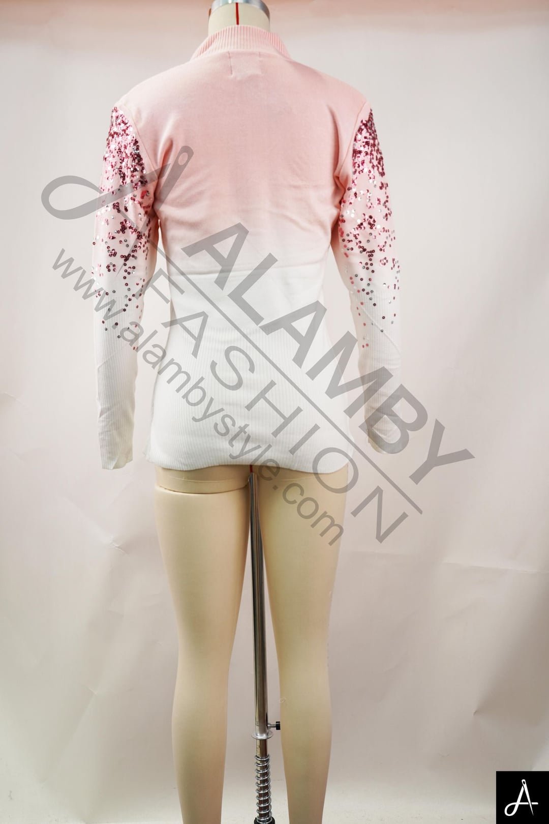 Ombre Pink Rhinestone Half Zip Rib Knit Sweater