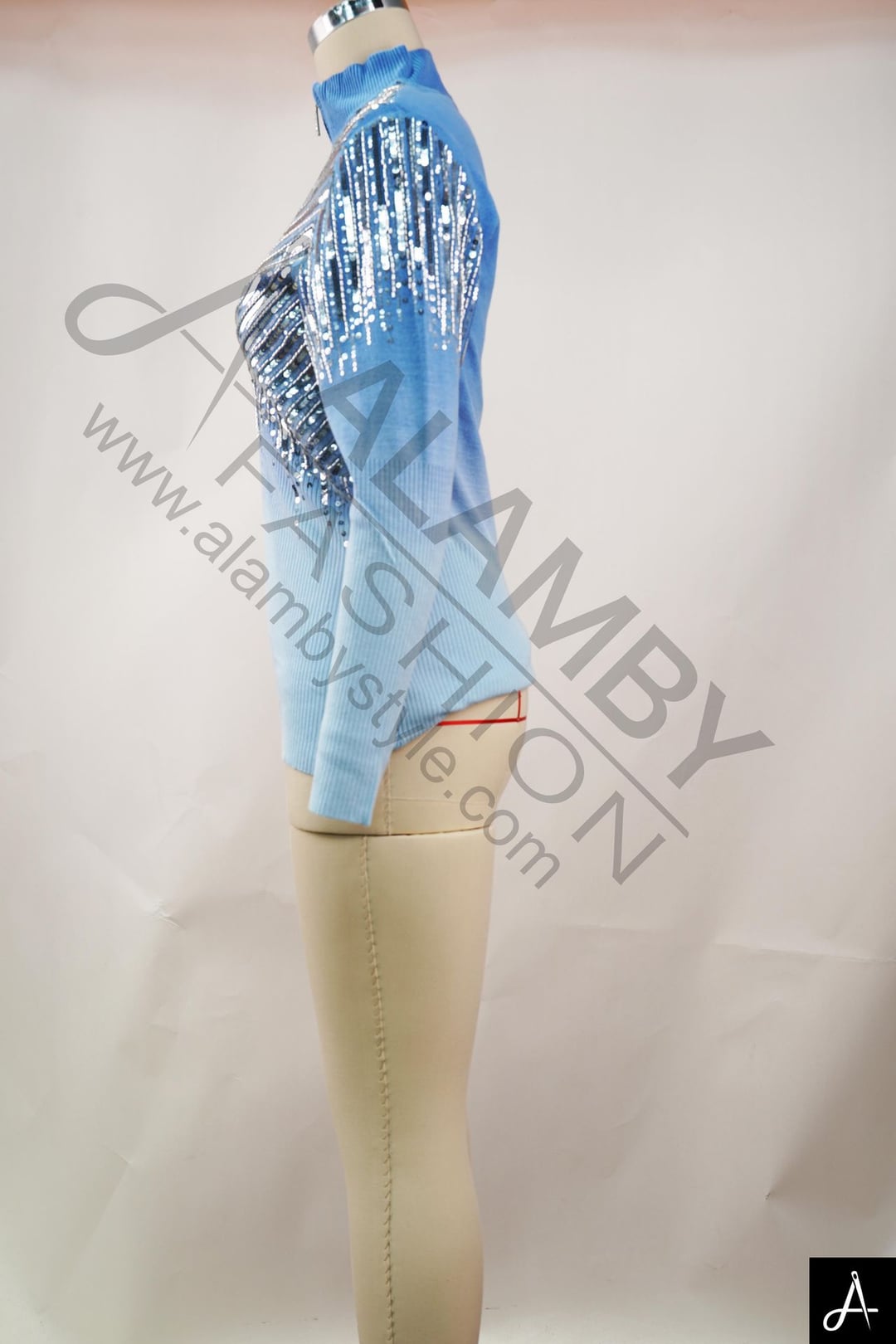 Friendly Blue Ombre Sequin Half-Zip Rib Knit Top