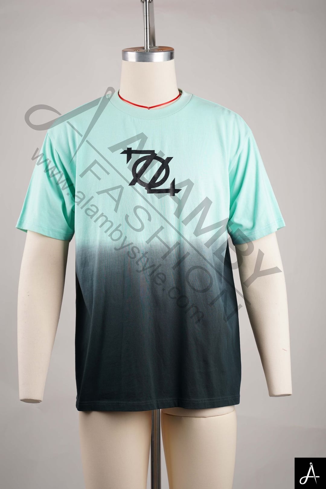 Mint to Charcoal Gradient Dip-Dye Crew Neck Streetwear T-shirt
