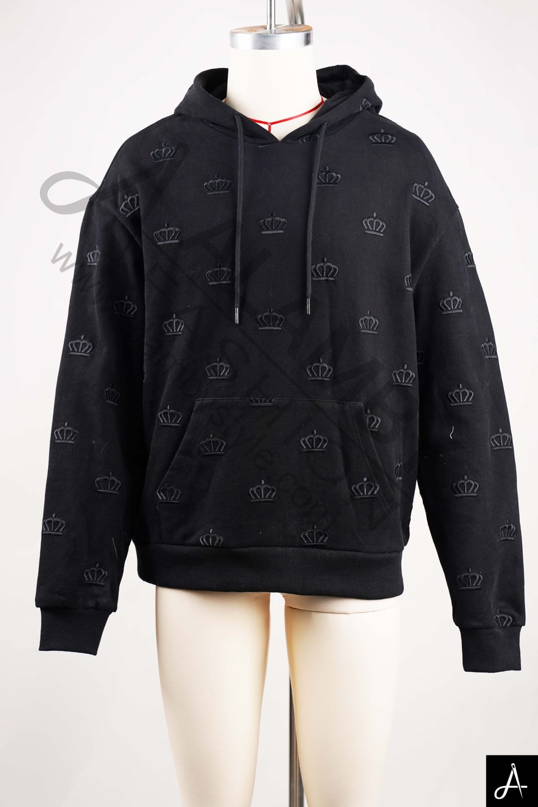 Black hoodie with all-over crown flock print
