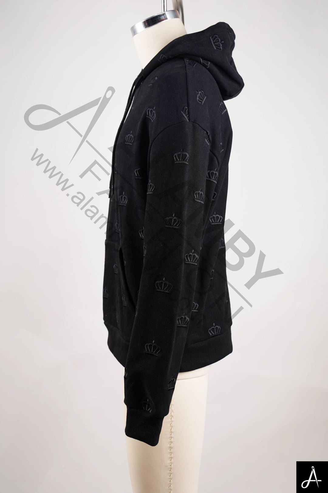 Black hoodie with all-over crown flock print