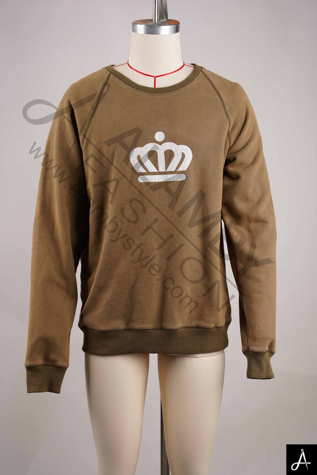 Vintage Washed Brown Crew Neck Sweatshirt with White Crown Print