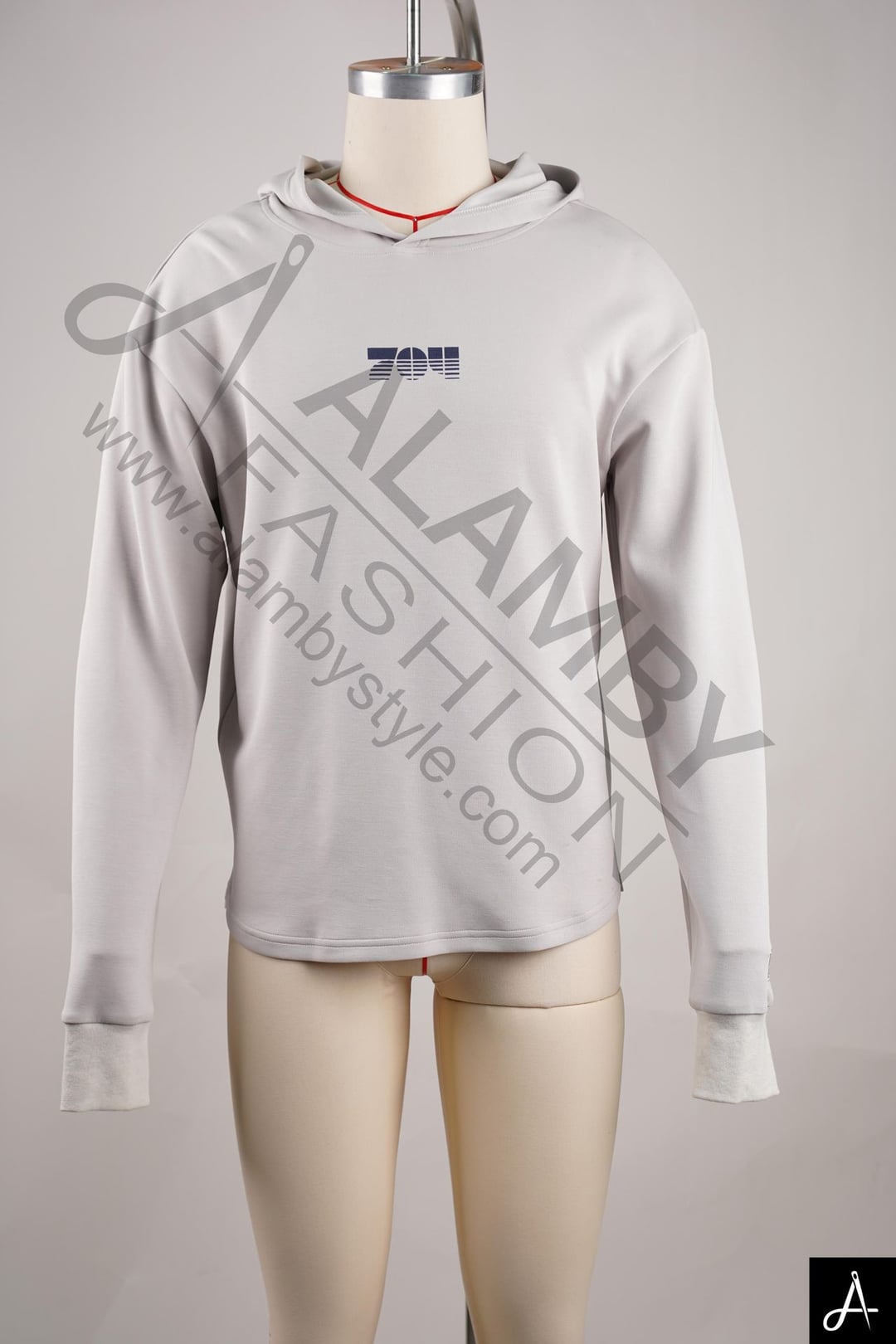 Light Grey Minimalist Hoodie with Navy Logo Print, Streetwear Style