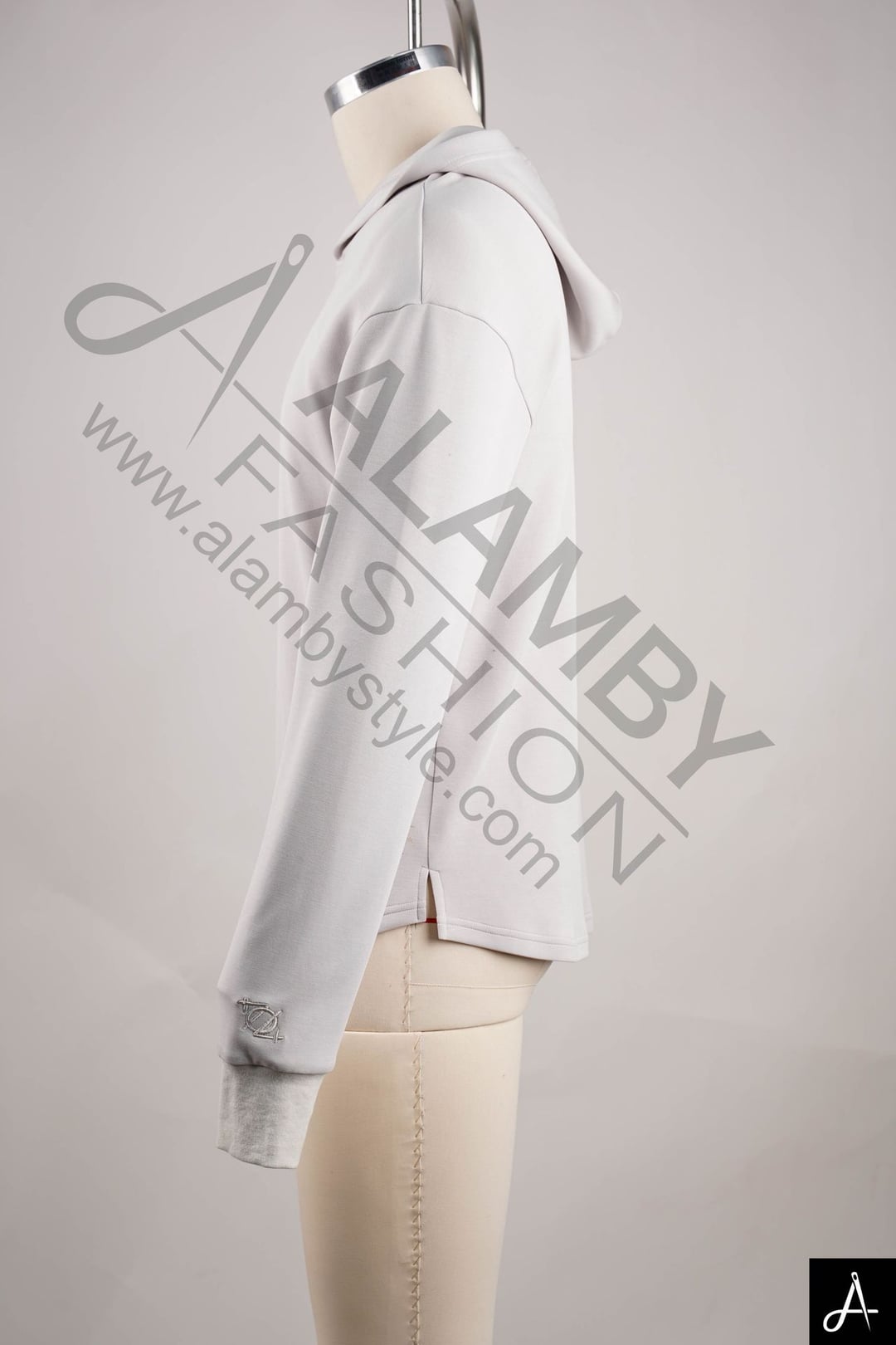 Light Grey Minimalist Hoodie with Navy Logo Print, Streetwear Style