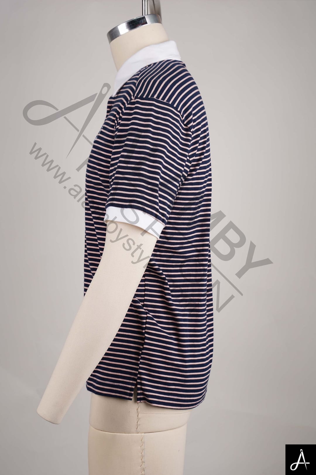 avy & Pink Striped Cotton Pique Polo Shirt with Contrast White Trim
