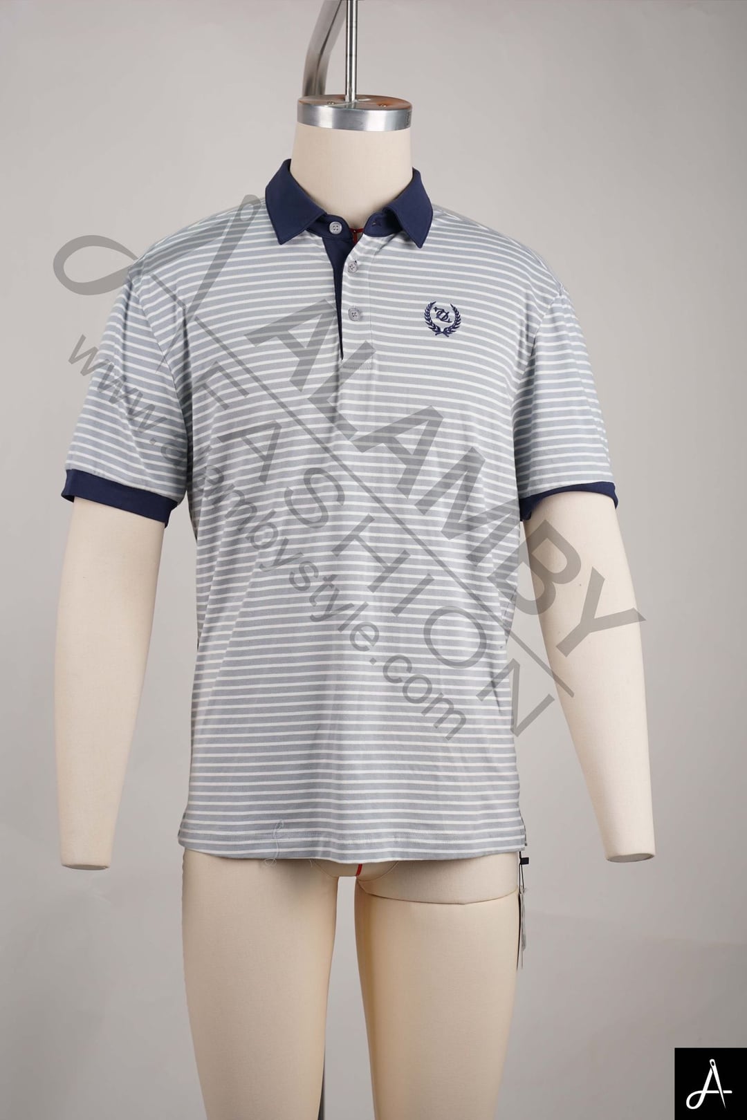 Light Grey Short Sleeve Polo Shirt with Navy Trim & Chest Logo