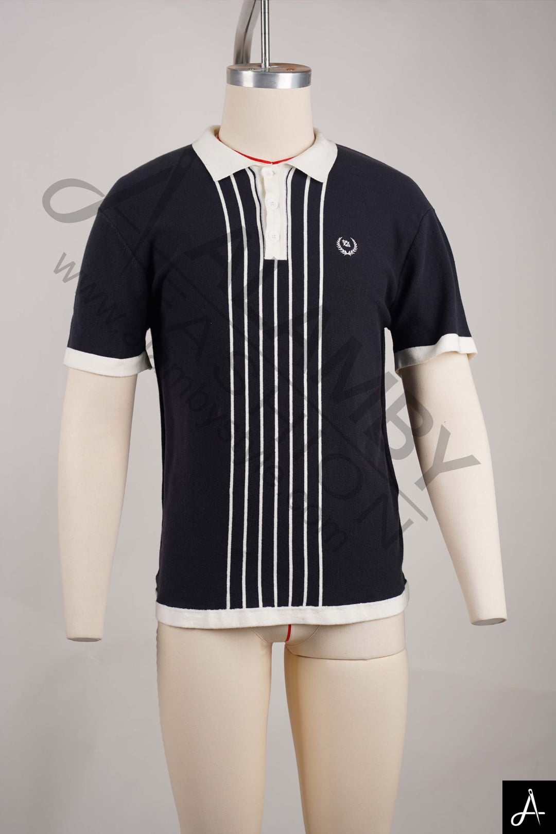 Black Polo Shirt with Vertical Stripe Placket & White Trim