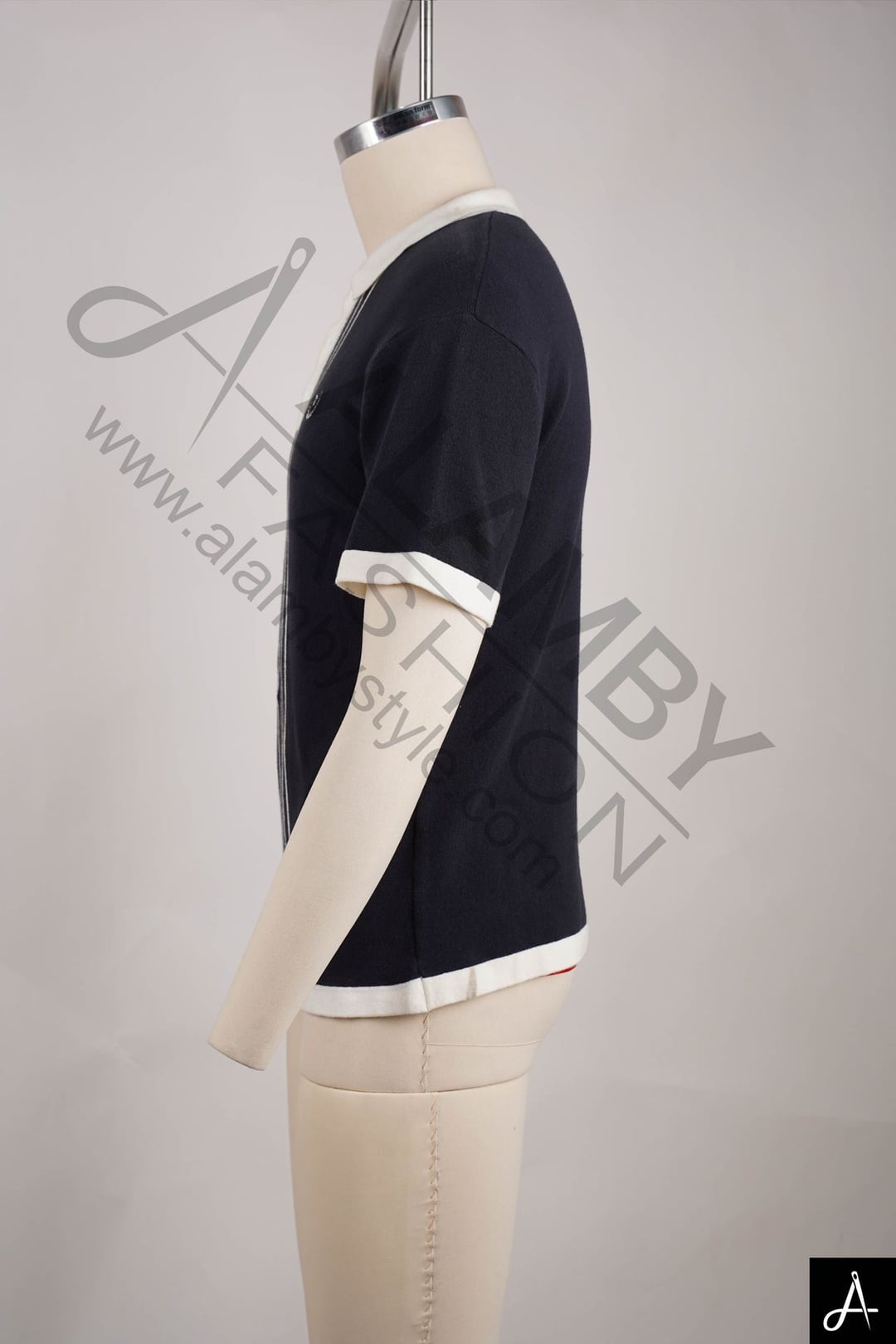 Black Polo Shirt with Vertical Stripe Placket & White Trim
