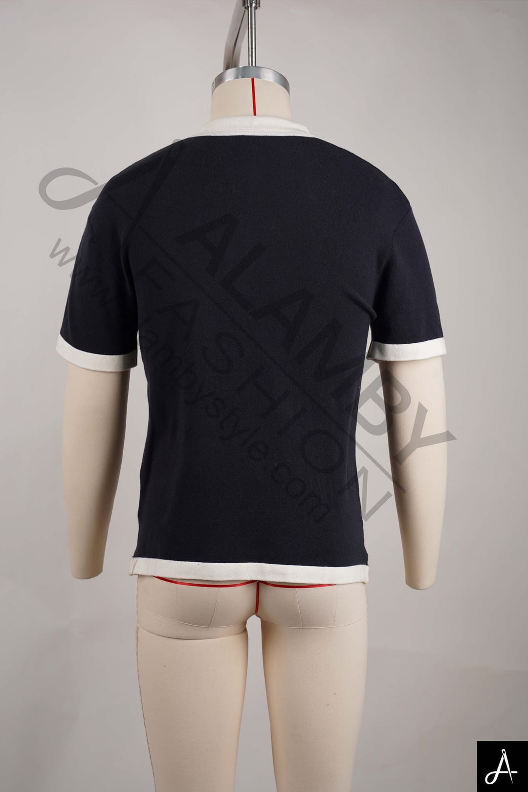 Black Polo Shirt with Vertical Stripe Placket & White Trim