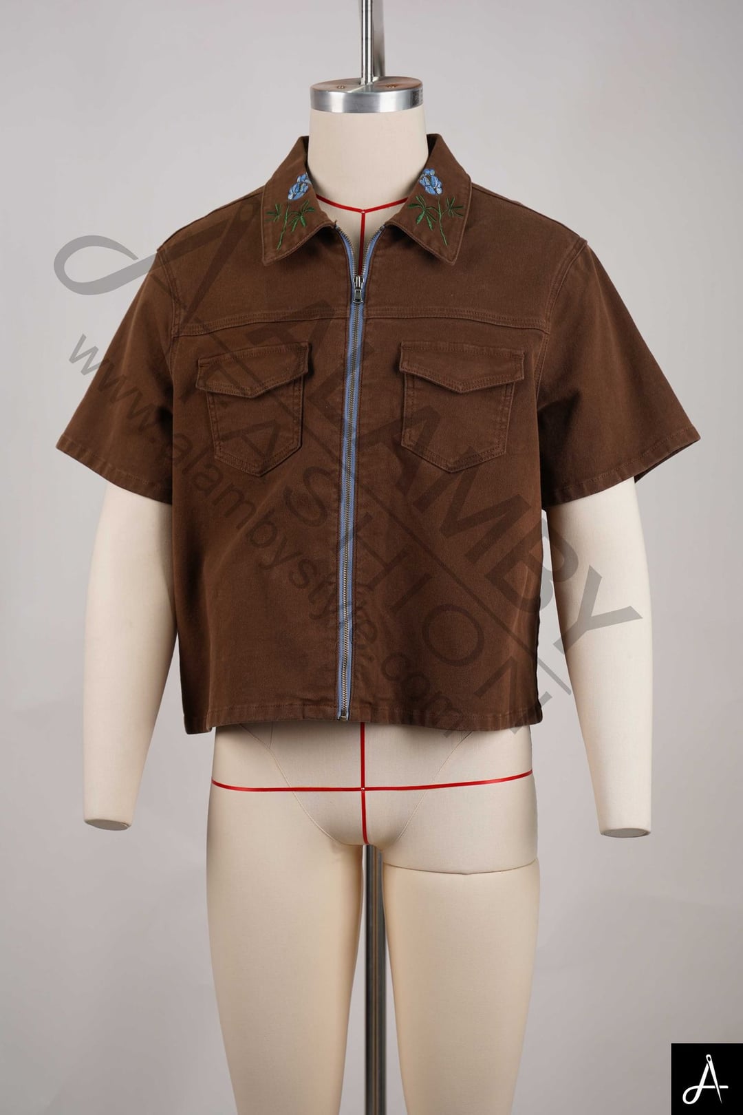 Vintage Brown Embroidered Short-Sleeve Zip-Up Shirt 