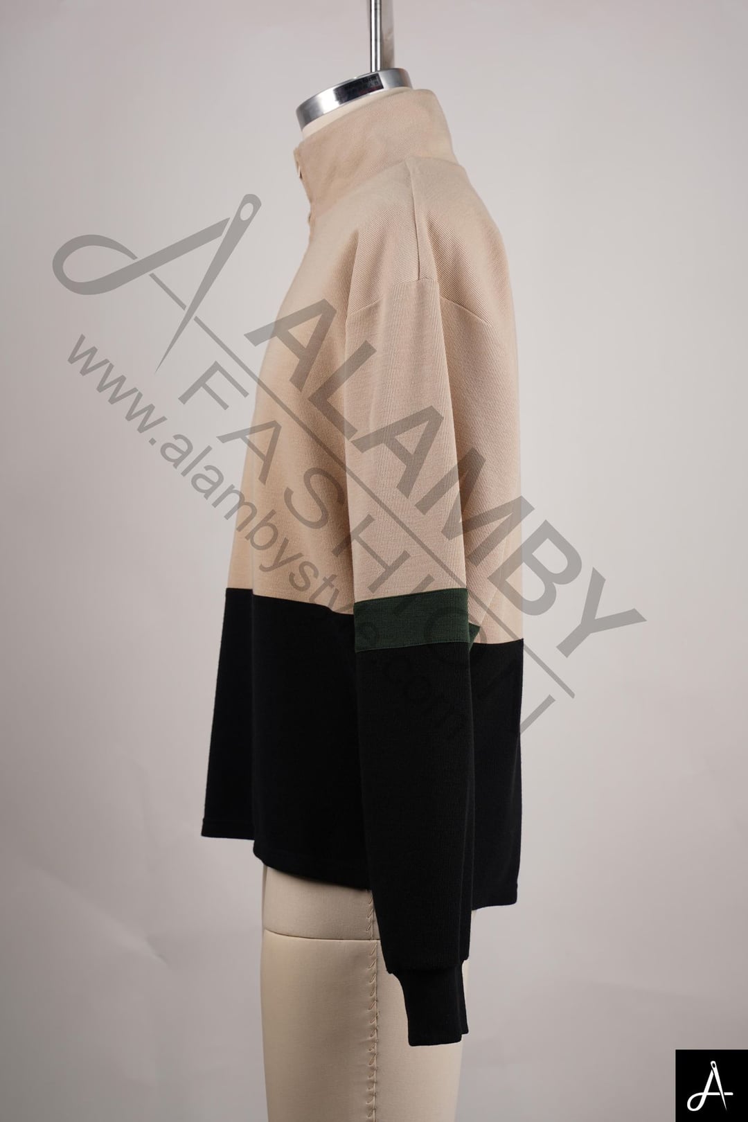 Beige & Black Color Block Half-Zip Sweatshirt