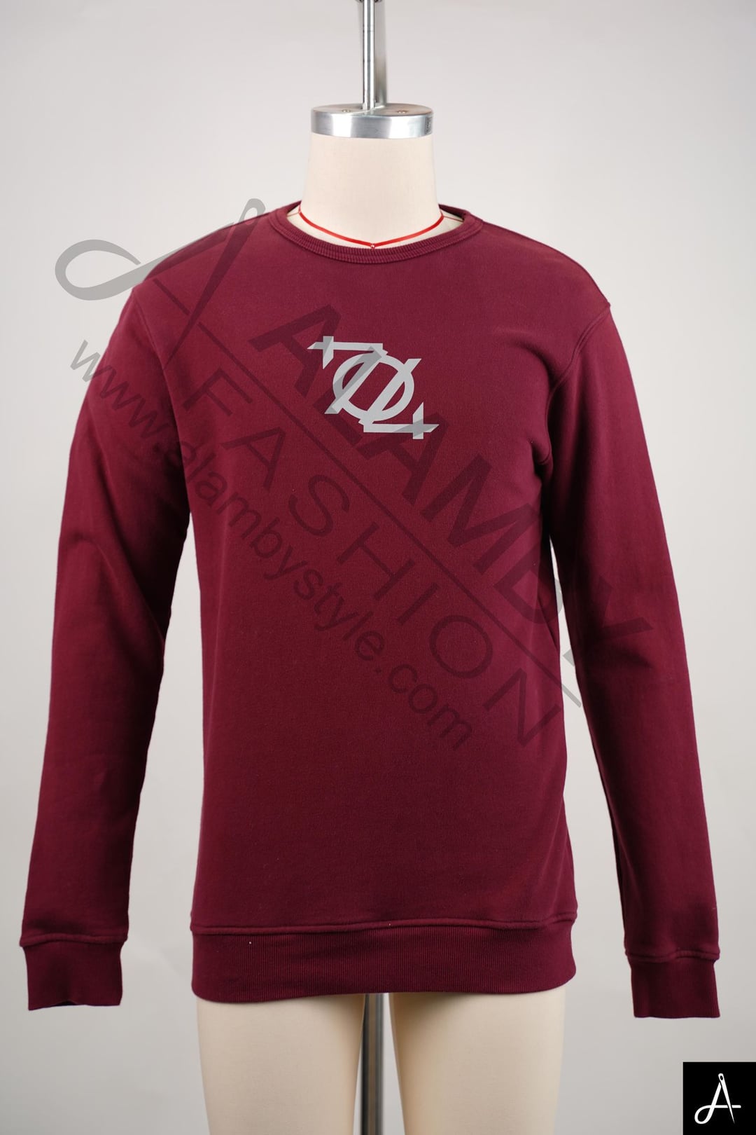 Burgundy Crew Neck Knit Sweater with Chest Embroidery