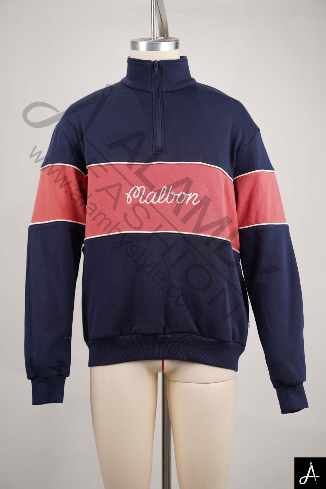 Navy & Coral Color Block Half-Zip Sweatshirt