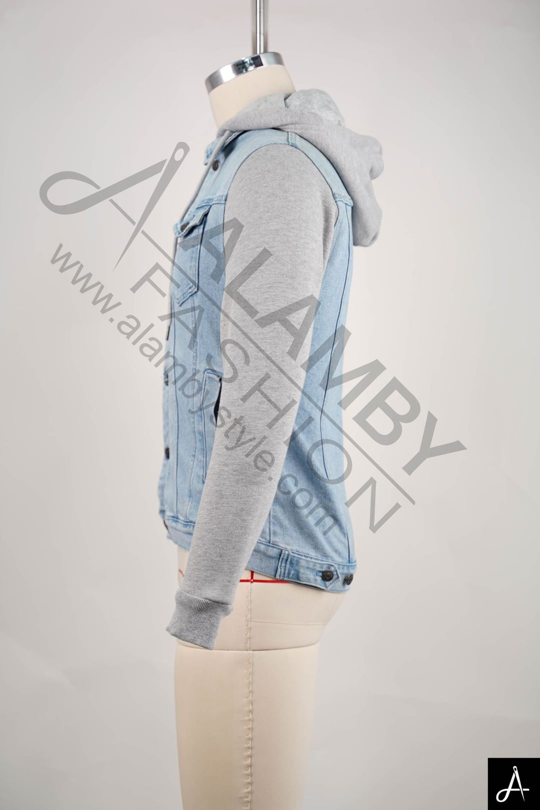 Light Wash Denim Hooded Jacket with Knit Sleeves