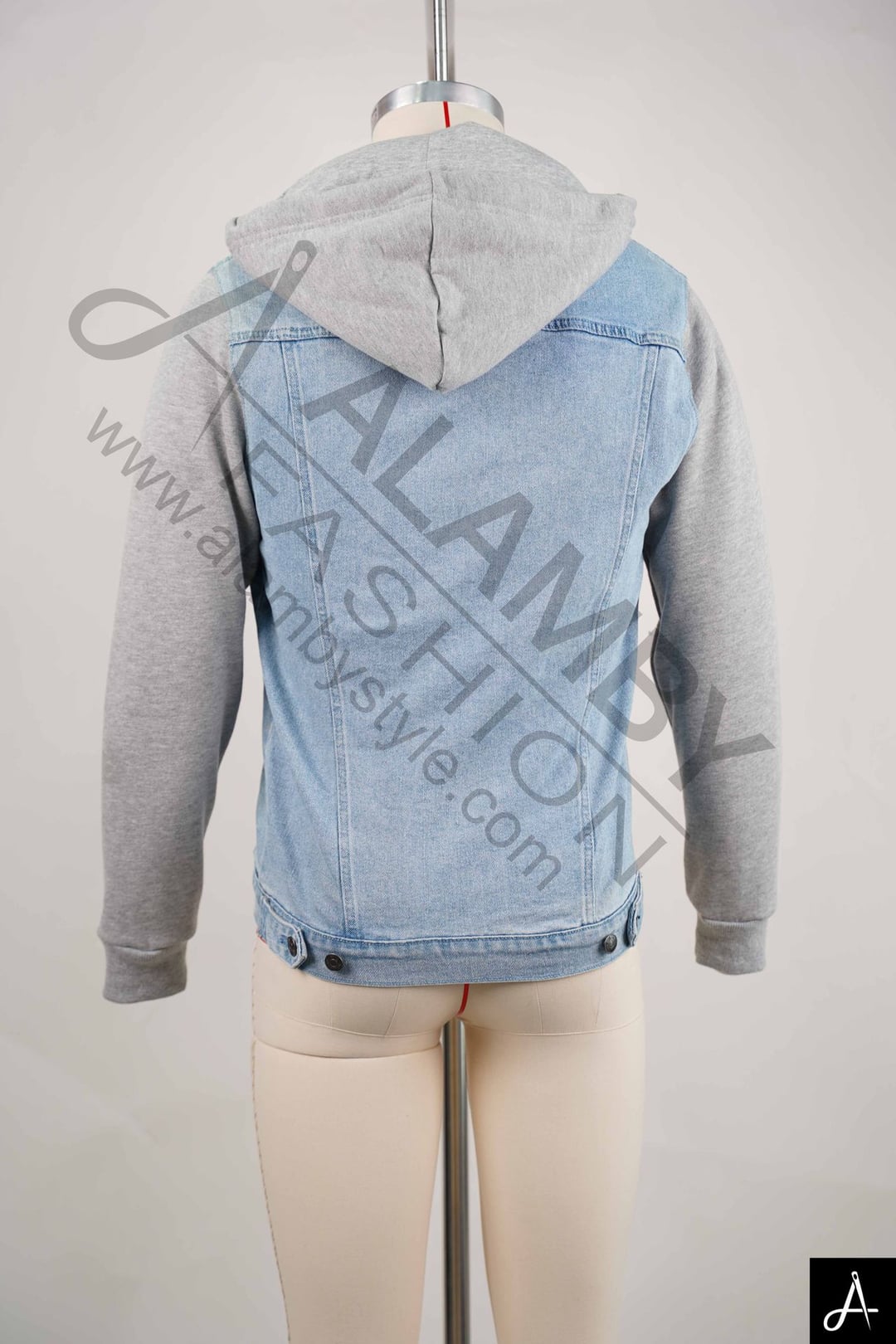 Light Wash Denim Hooded Jacket with Knit Sleeves