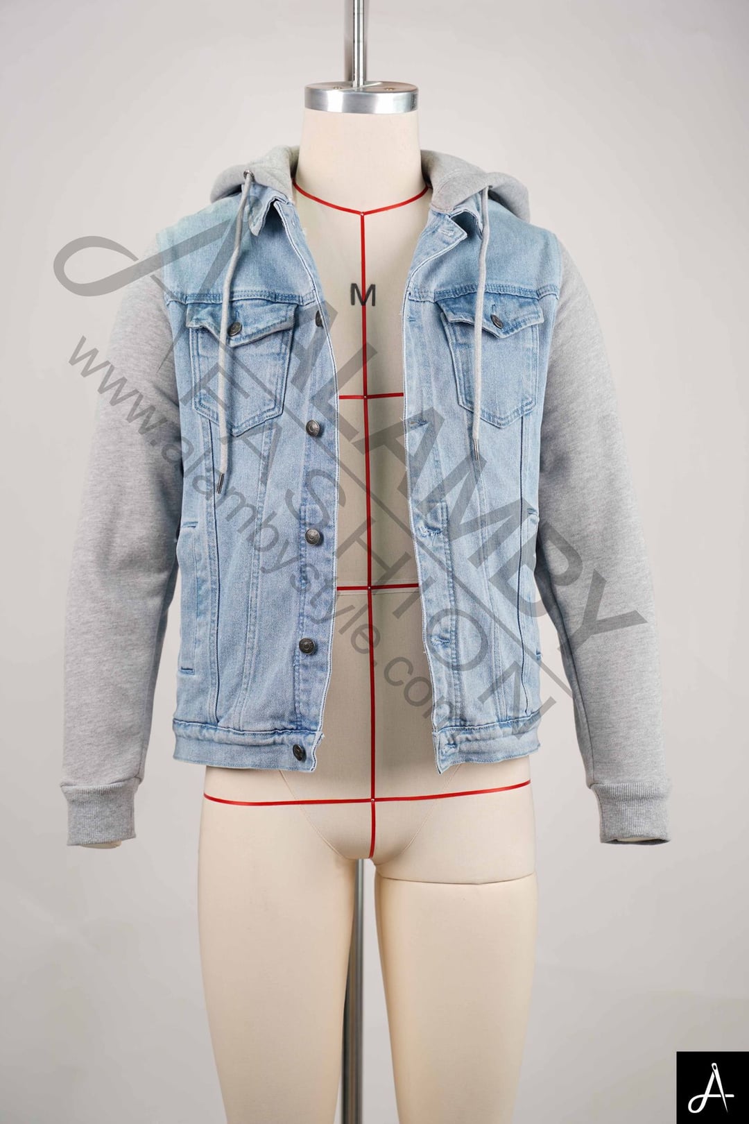 Light Wash Denim Hooded Jacket with Knit Sleeves
