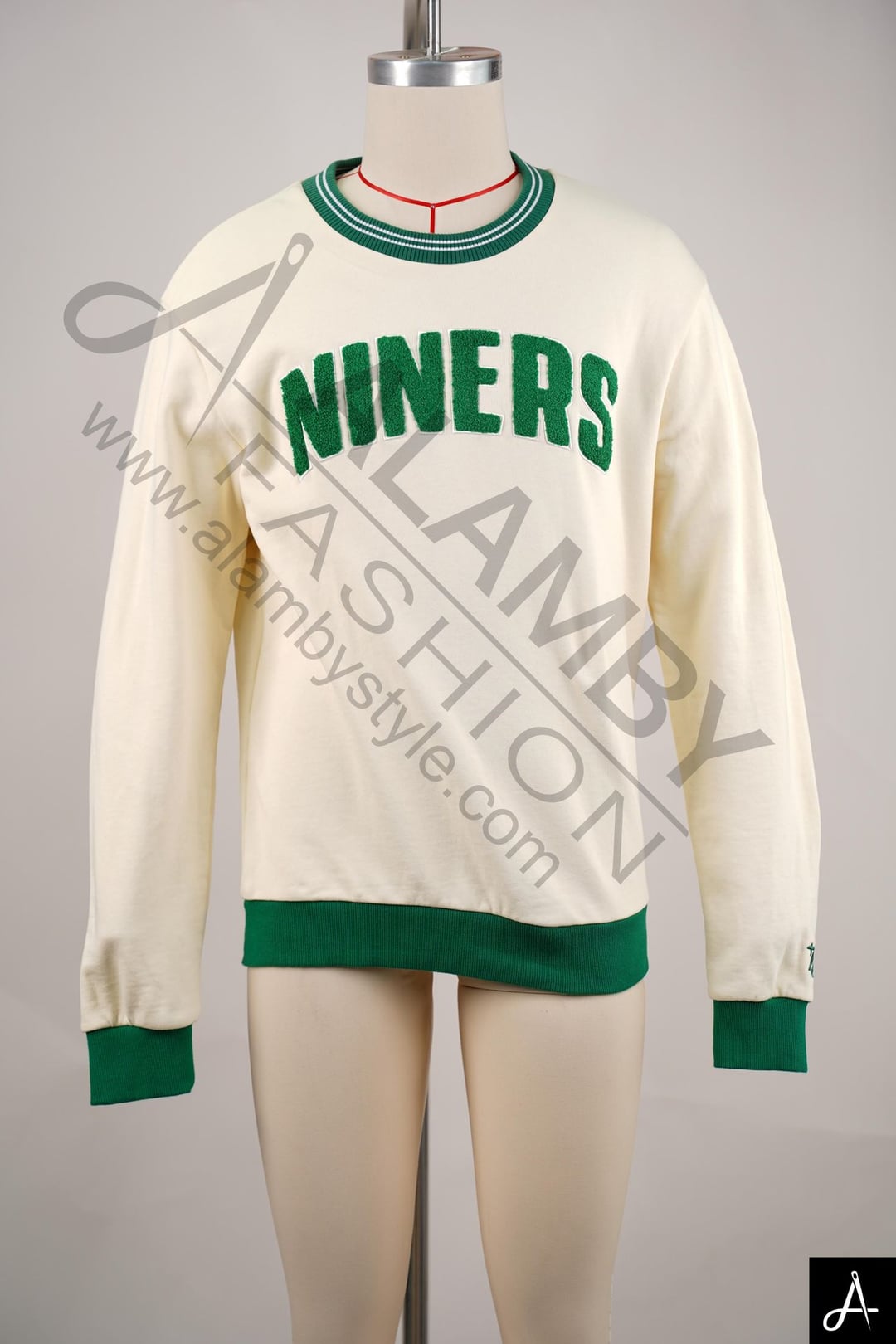 Cream Crewneck Sweatshirt with Green Trim