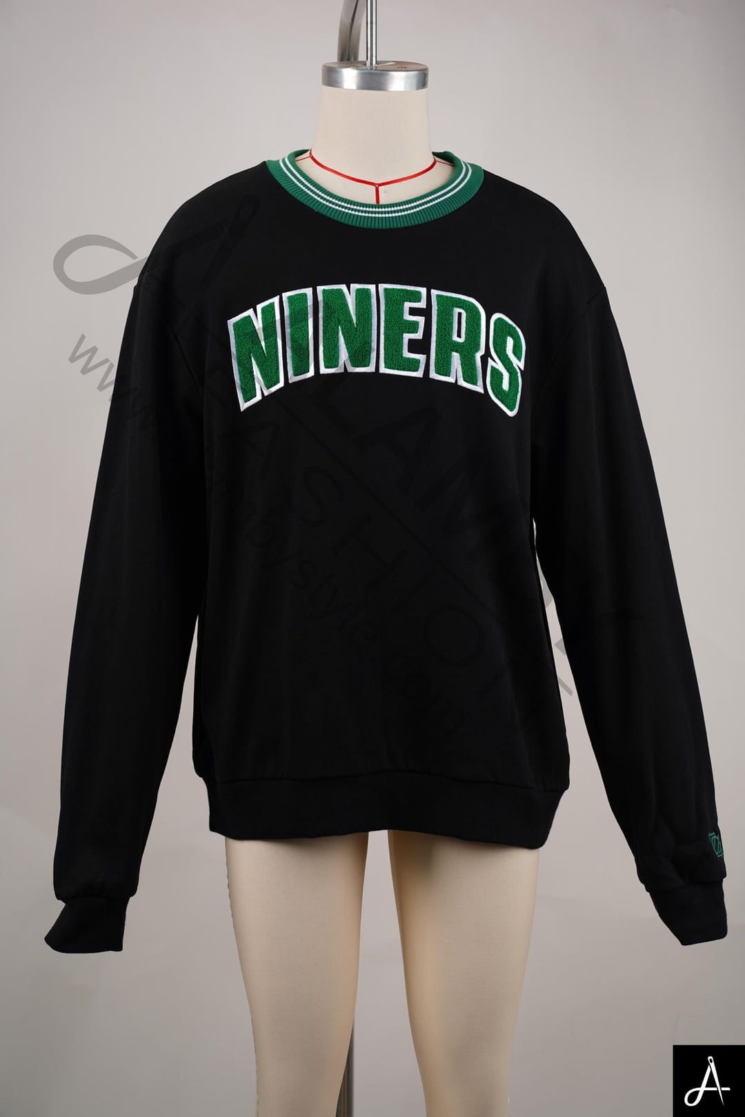 Black Crewneck Sweatshirt with Green Trim
