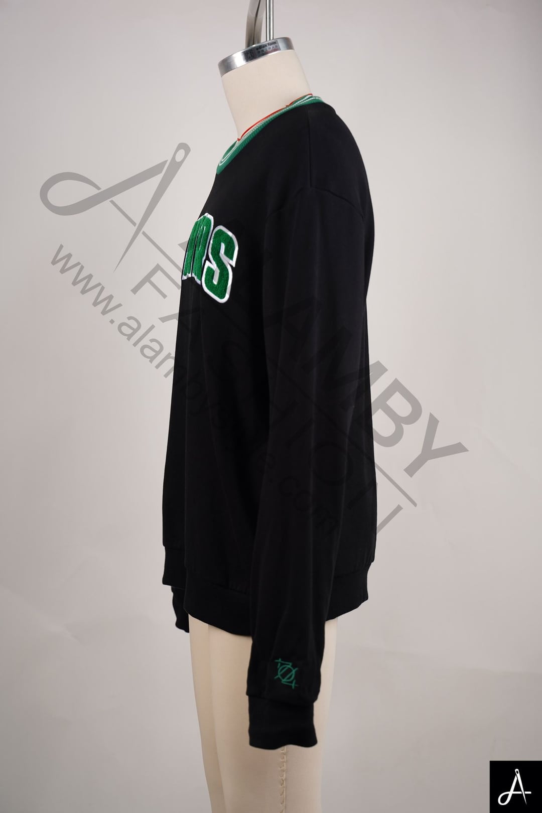 Black Crewneck Sweatshirt with Green Trim