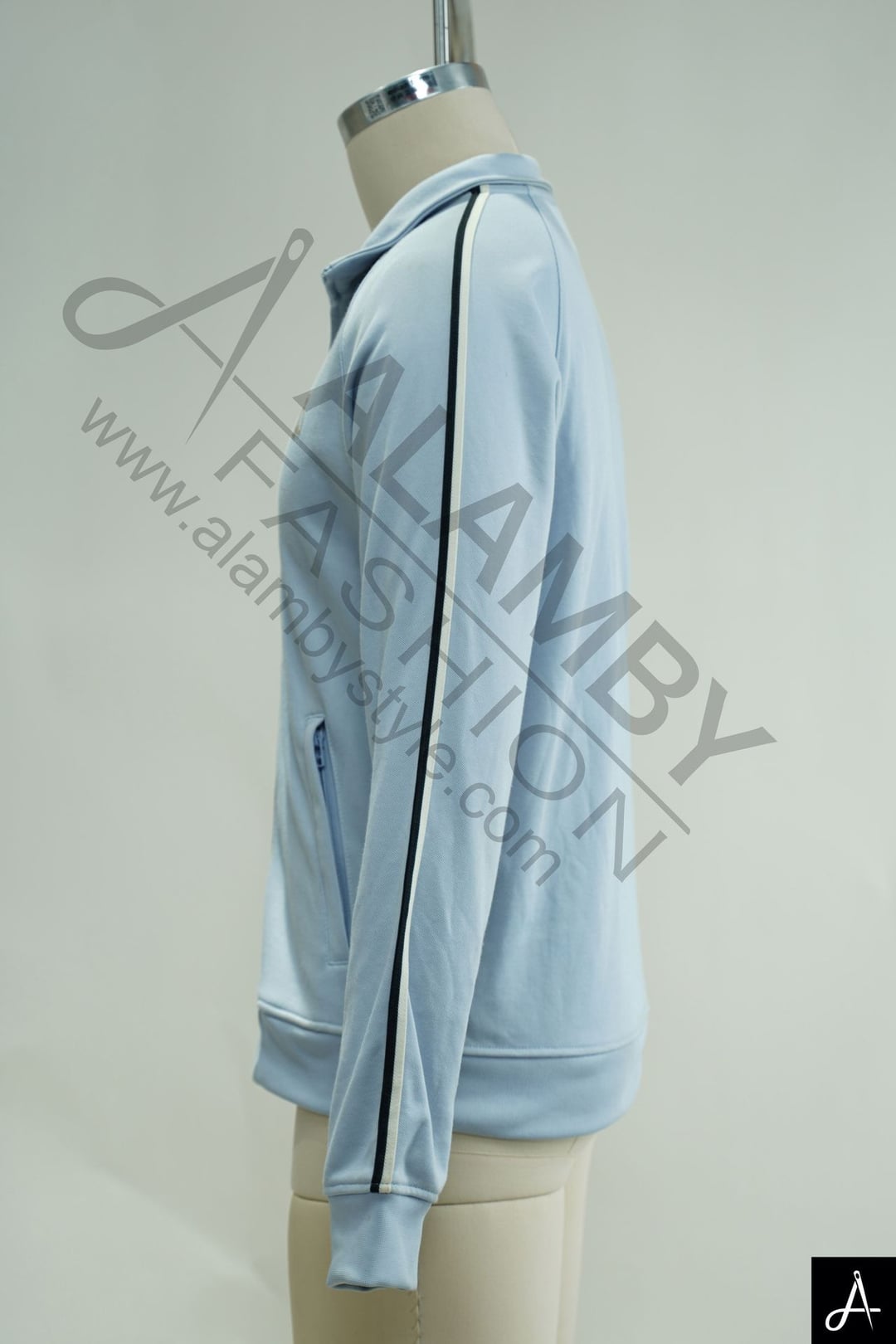 Men's Light Blue Zip‑Up Stand Collar Track Jacket With Small Embroidered Logo