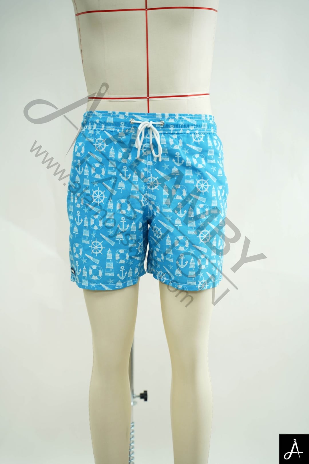 Men's Blue Printed Beach Shorts, Elastic Waist Quick Dry Swim Trunks