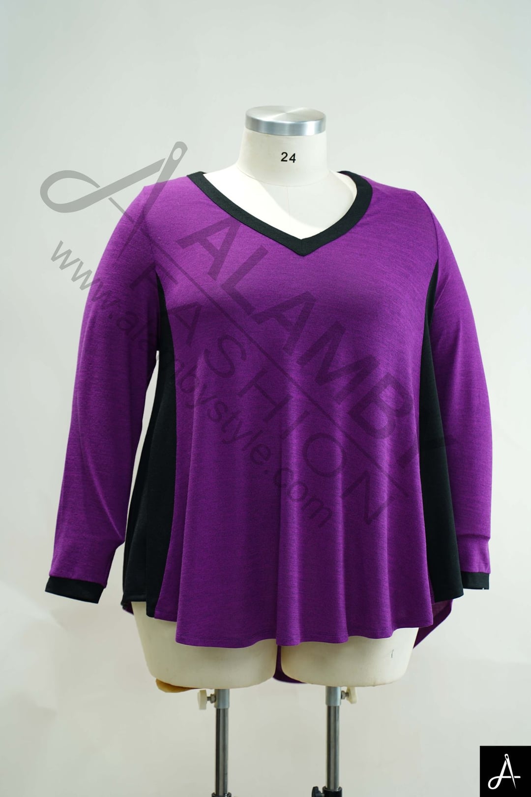 Women's Plus Size Purple V-Neck Long Sleeve Loose Casual Top