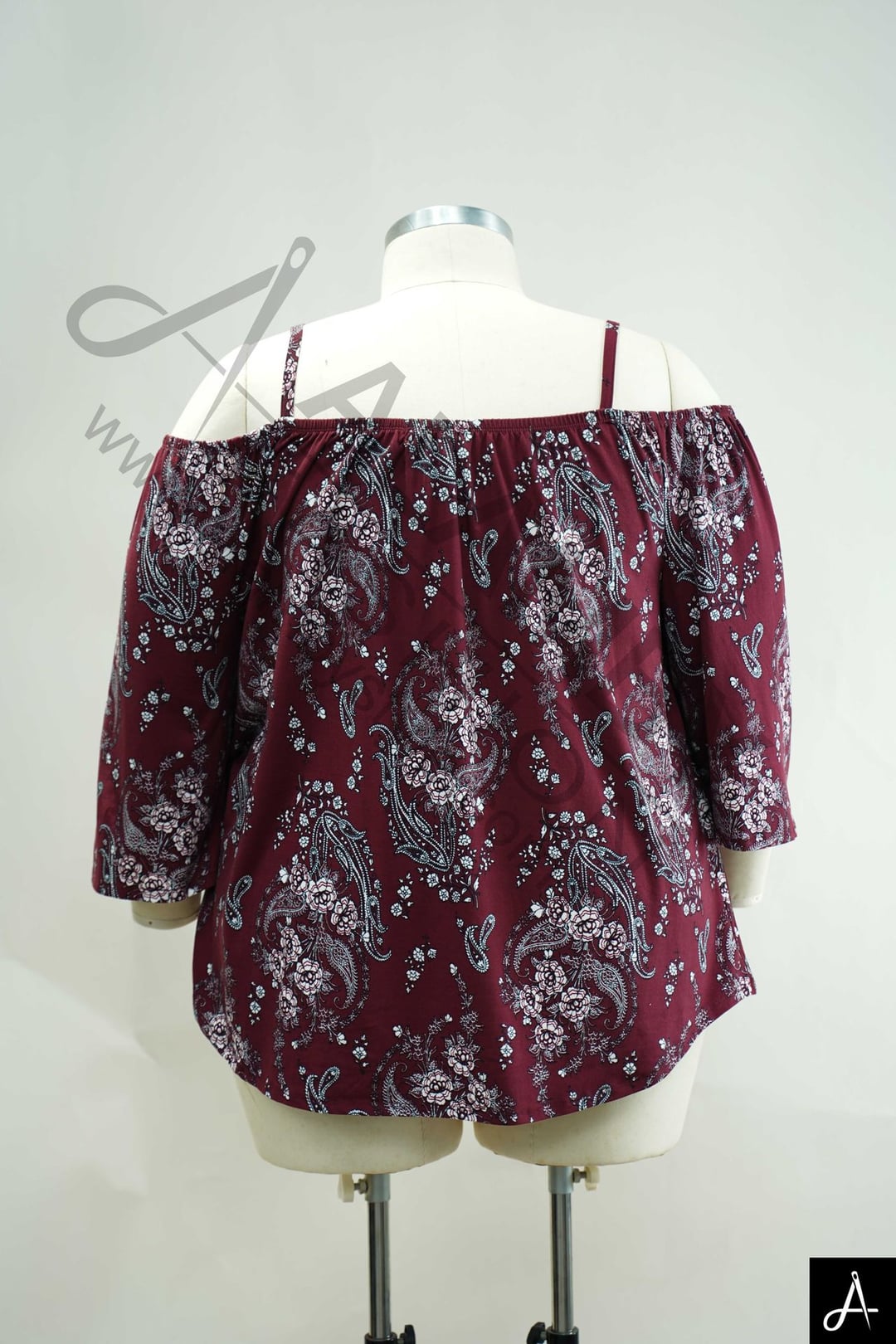 Women's Plus Size Burgundy Print Off Shoulder Long Sleeve Casual Top