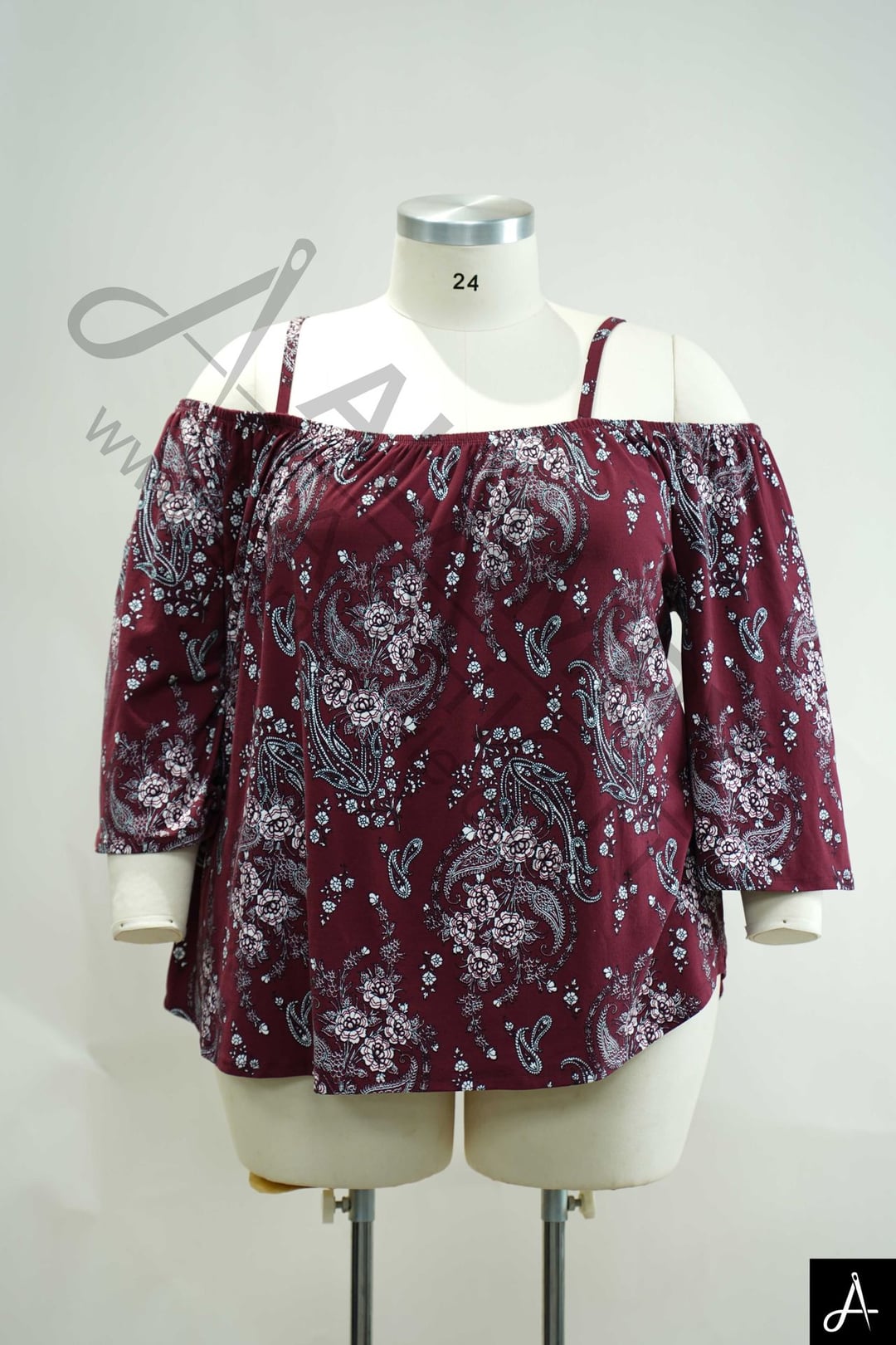 Women's Plus Size Burgundy Print Off Shoulder Long Sleeve Casual Top