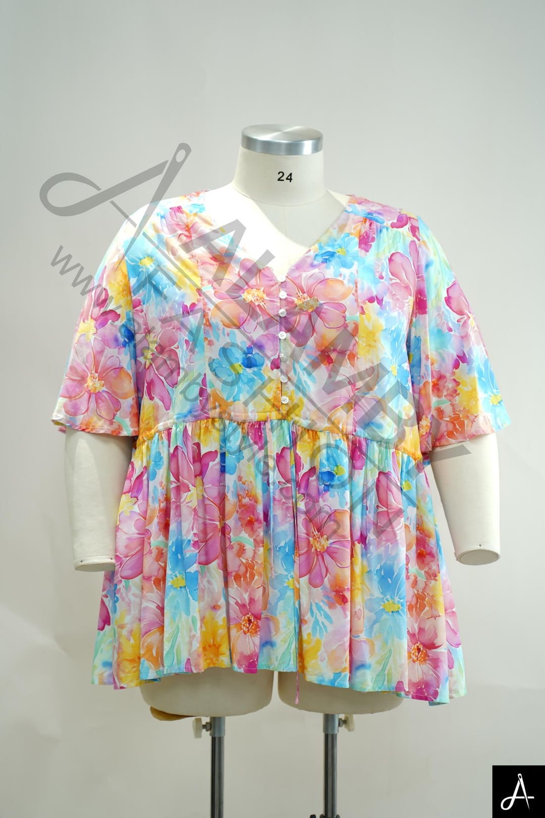 Women's Plus Size Multicolor Floral Print V-Neck 3/4 Sleeve Loose Casual Top
