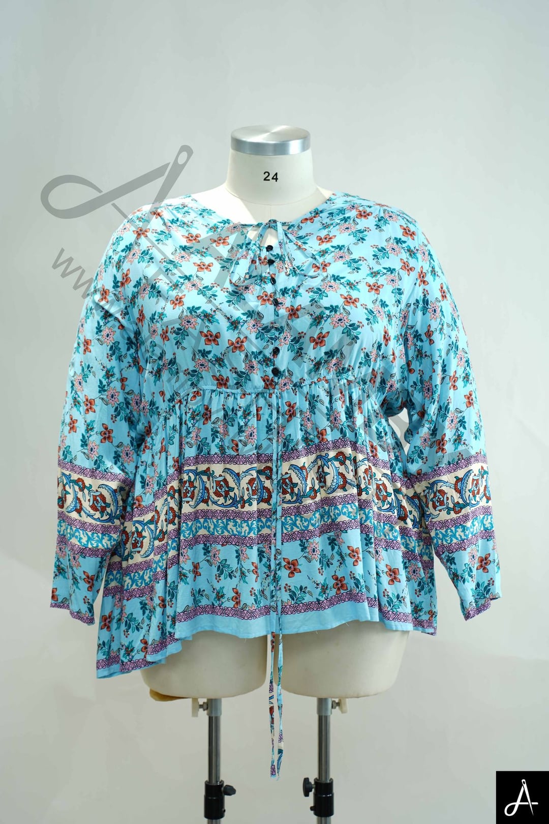 Blue Floral Print Long Sleeve Blouse