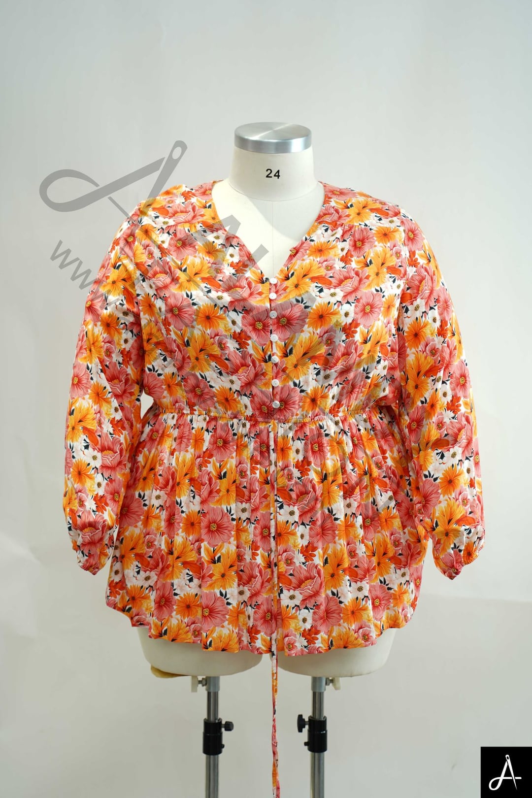 Orange Floral Print V-Neck Long Sleeve Blouse