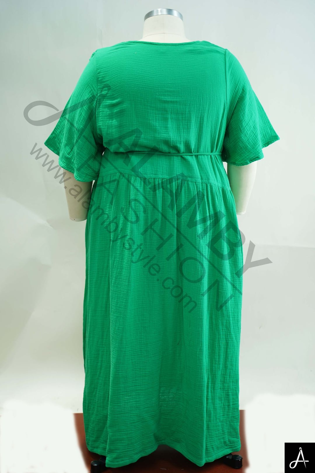 Women's Plus Size Green V-Neck Short Flutter Sleeve Maxi Dress