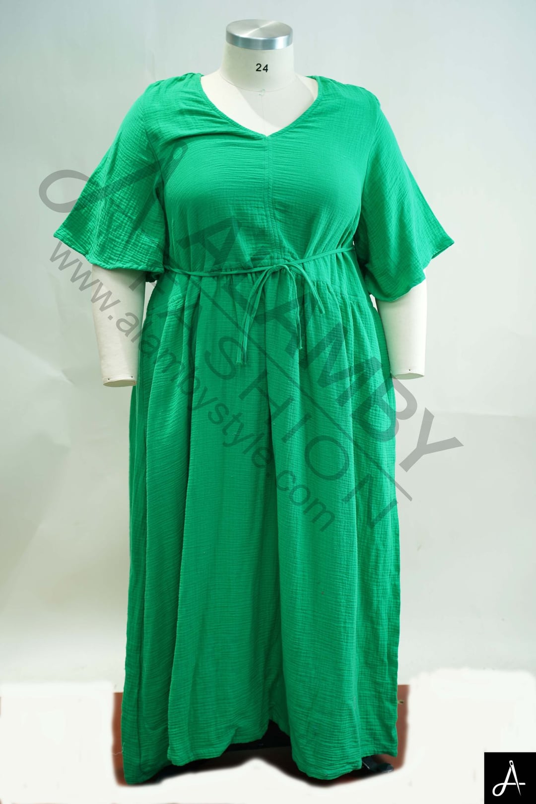 Women's Plus Size Green V-Neck Short Flutter Sleeve Maxi Dress