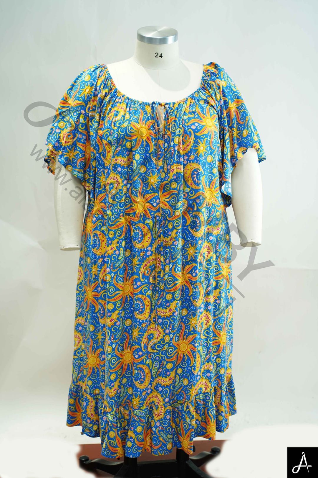 Women's Plus Size Blue Base Floral Print Round Neck Short Sleeve Midi Dress