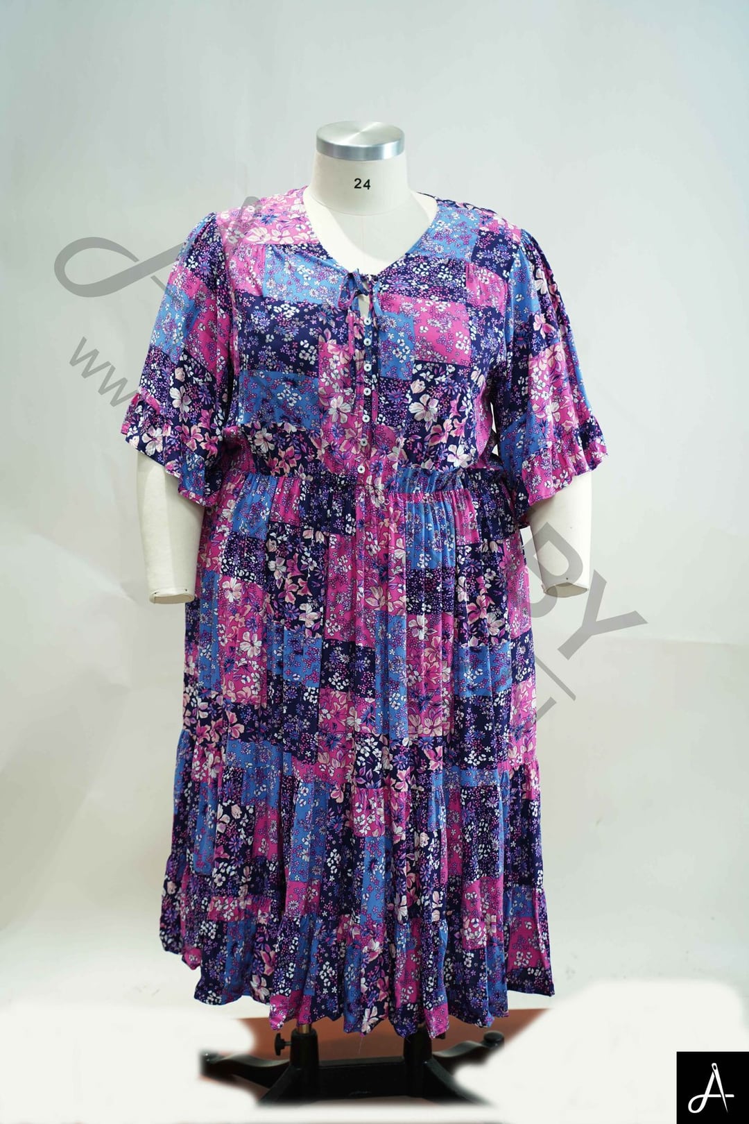 Women's Plus Size Purple & Pink Floral Print V-Neck Short Sleeve Midi Dress