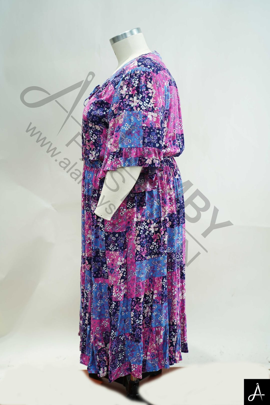 Women's Plus Size Purple & Pink Floral Print V-Neck Short Sleeve Midi Dress