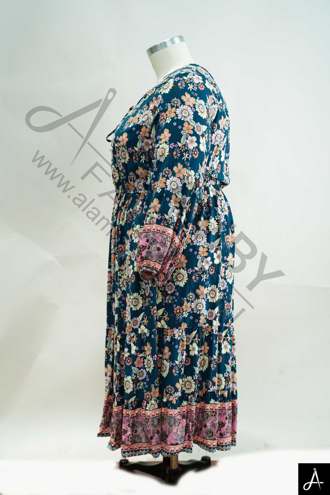 Women's Plus Size Teal Floral Print Round Neck 3/4 Sleeve Maxi Dress